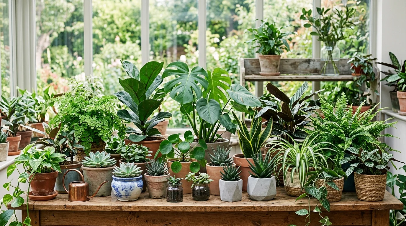 Mixed seasonal plants and flowers display